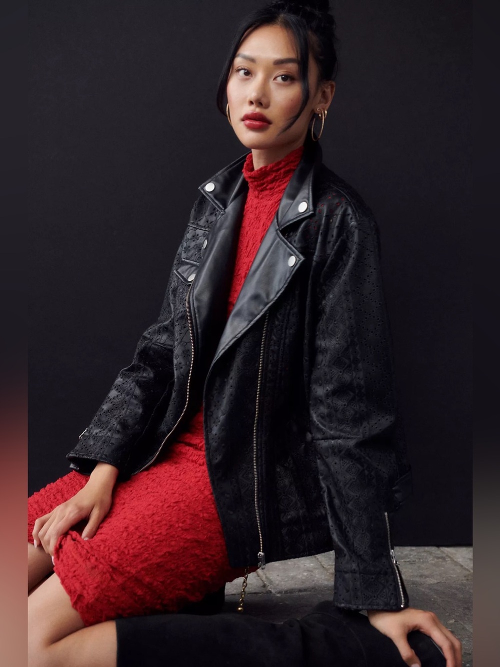 NWT By Anthropologie Faux Leather Eyelet Moto Jacket in Black, Size XS